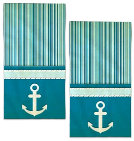 BIGXIUKA Nautische Anker-Badehandtücher, blaues Ozean, gestreift, Badetuch für dekorative Fingerspitzen-Handtücher, 2 Stück, für Bauernhaus, Fitnessstudio, Küche, Hotel, Yoga-Geschenke