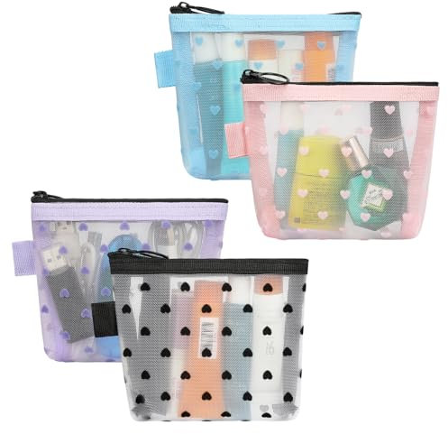 Classycoo Lot de 4 mini sacs en maille à fermeture éclair en nylon pour clés, porte-monnaie, porte-cartes, maquillage de voyage, sacs à fermeture éclair pour rouge à lèvres, écouteurs, voiture de