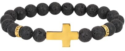 MILAKOO Unisex 8mm Lava Rock Beads Bracelet for Men Gold Stainless Steel Cross Anxiety Wrist Wrap