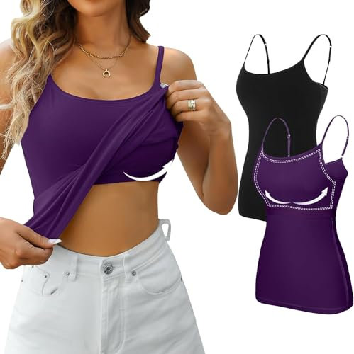 Attraco Unterhemden Damen Spaghettiträger Basic Top Layering Lange Tanks Verstellbarer Spaghetti Strap Cami Camisole Tank Top Schwarz/Lila XXL