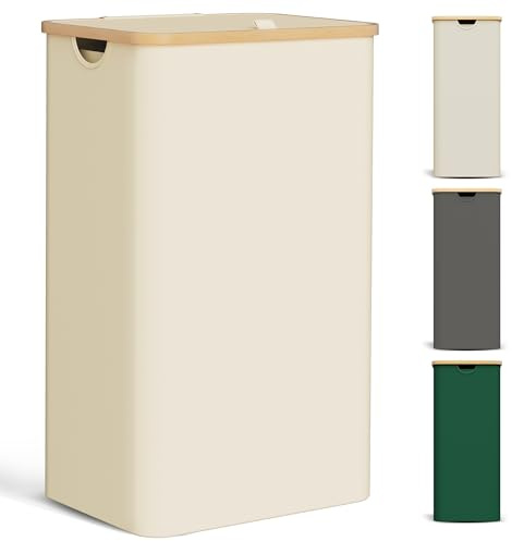 YOUDENOVA Wäschekorb mit Deckel 85L Wäschesammler schmal mit Wäschesack Groß faltbarer Wäschesortierer Holz Bambus Wäschetruhe hoch Laundry Baskets, Beige