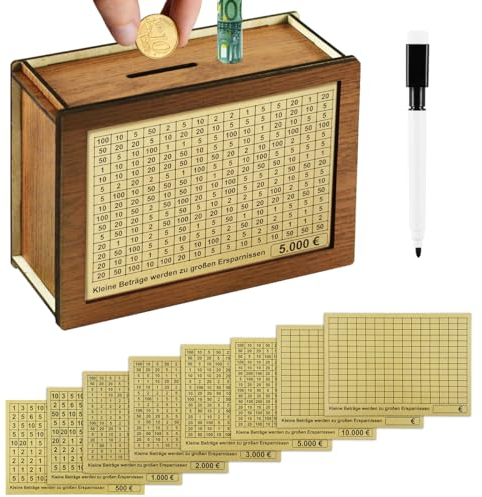 TENGYIF Holz Spardose mit Zähler, Sparbox mit 8 verschiedenen Ziel-Stickern und 1 Marker, Sparschwein mit Zahlen Ankreuzen für Erwachsene und Kinder, Verschiedene Sparziele bis 10.000 Euro und DIY