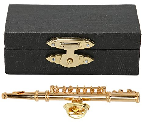 HOHXFYP Miniatur Flöten Brosche, 5,8 cm Große Messing Gold Mini Musikinstrument Anstecknadel mit Rotem, mit Samt Gefüttertem Gehäuse, Flöten Replik Ansteckbrosche für Musikgeschenk