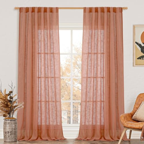 LAMIT 244 cm lange Terrakotta-Leinen-Vorhänge für Wohnzimmer, Rückenlasche und Stangentasche, Leinenstruktur, lichtfilternde, Boho-Vorhänge für Schlafzimmer/Esszimmer, 2 Stück, 132 x 244 cm