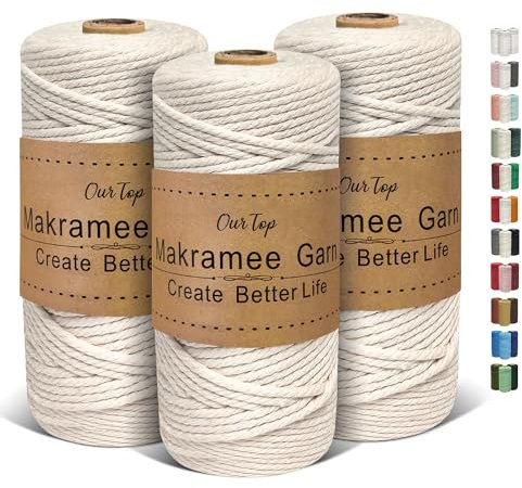 OurTop Premium Makramee Garn 3er Set, 3mm x 100m Macrame Cord Makramee Schnur Makramee Kordel, Garn für DIY Handwerk, Weben Dekoration, Hängepflanze Pflanze Aufhänger(Natur, Natur, Natur)