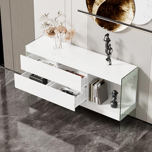 AXUTL Sideboard mit Glasbeinen, vier Schubladen und einem Fach, Kommode mit LED-Leuchten