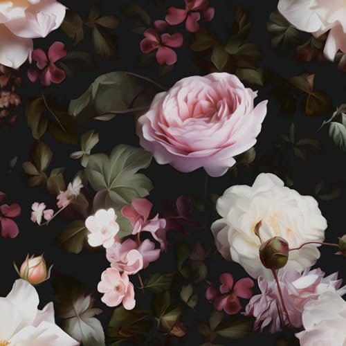 Fvlow Glowing Pink Floral Peel and Stick Wallpaper Vintage Black Wallpaper Vinyl Wrap Kitchen Worktop Covering Vinyl Self Adhesive Thick Leaf Contact Paper for Cabinets Drawers Stickers 44.5cmx1000cm