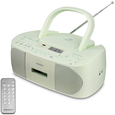 MEDION E65010 Stereoradio (CD-Player, Kassette, USB Anschluss, AUX Audioeingang, MP3-Widergabe. UKW PLL Radio,40 Senderspeicher, Batteriebetrieb, Fernbedienung) grün