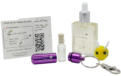 Bee Revival Kit - 'Always Bee Happy' Engraved Keyring, Glass Vial, Bee Feed Dropper Bottle, Organza Pouch