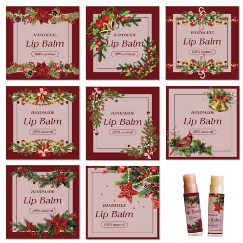 craspire 80 Stück 8 Stile Weihnachts Lippenbalsam Aufkleber Roter Blumenkranz Selbstgemachte Hautpflegeprodukte Selbstklebende Wasserfeste Lippenbalsam Etikettenaufkleber Für Tubenbehälter Kosmetik