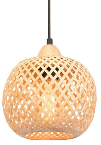 Bambou Suspension Vintage, Lustre Salon Cage en Bambou Tressé, Bois E27 Lampe de Plafond Plafonnier de Déco pour Chambre Salle à Manger Cuisine, 25CM