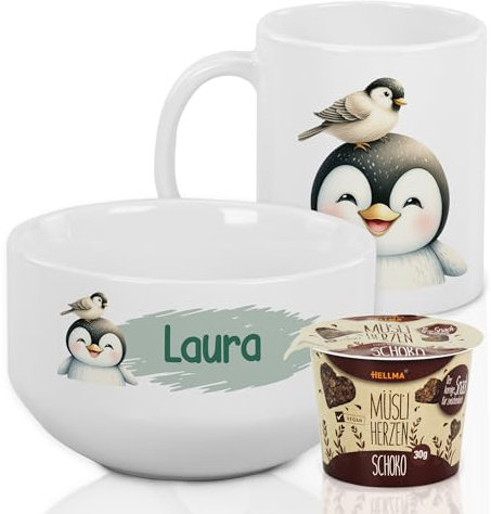 GRAZDesign Frühstückset Tasse mit Müslischale personalisiert für Kinder Pinguin Motiv aus Keramik - Geschenkset