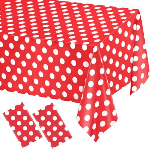 2 Packs Minnie Mouse Table Cloths Red Polka Dot Tablecloth Disposable Plastic Red Waterproof Picnic Table Covers Red and White Dots Minnie Tablecover for Birthday Party 54 x 108 Inch