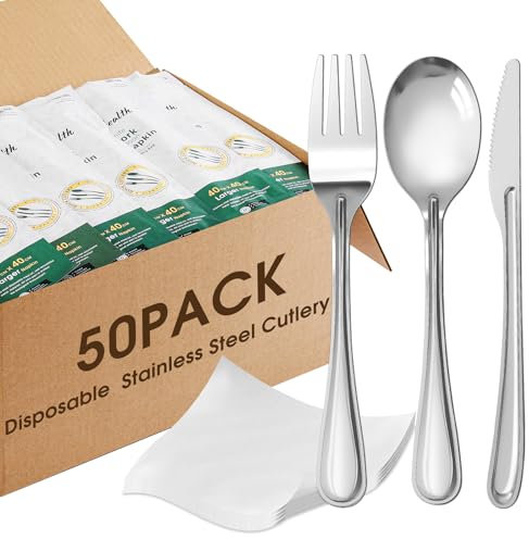 LOROTOCO Juego de cubiertos desechables de 50 piezas envueltos individualmente con servilletas de acero inoxidable, cubiertos plateados fuertes y duraderos para bodas, camping, viajes, fiestas