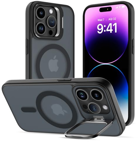 Cover Magnetica per iPhone 14 Pro Max con Cavalletto, Compatibile con Magsafe, Supporto per la Fotocamera Integrato Custodia, Militare Antiurto Sottile Protettiva Traslucida Glassata Case, Nero