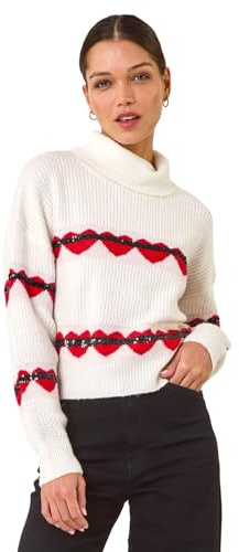 Roman Originals Stripe Heart Cowl Neck Knit Jumper for Women UK - Ladies Everyday Autumn Winter Comfy Soft Evening Vacation Work Party Night Out