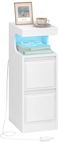 Hzuaneri Nachttisch mit LED-Beleuchtung, Beistelltisch mit 2 Schubladen, Nachttische mit offenen Fach, Verstellbares Licht, für Schlafzimmer, Wohnzimmer, 30 x 24 x 65 cm Weiß NS39113X