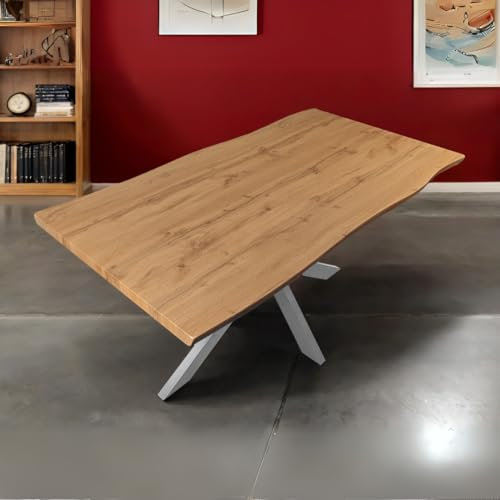Bett11 Esstisch 200x100 cm Holz 40mm Eiche-Optik, Spider Gestell Silber, Baumkantentisch aus Holz, Casa Massiva