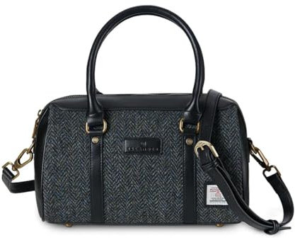 Islander The Medium Duffel Harris Tweed & Microfiber Leather, Schwarz und Grau Fischgrätenmuster, Classic