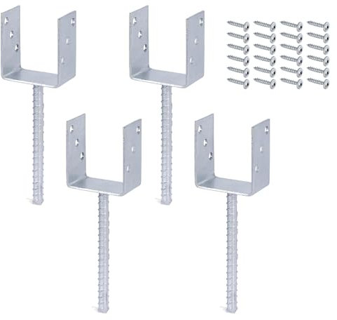 Alberts 4er Set U-Pfostenträger | mit Betonanker aus Riffelstahl | feuerverzinkt | lichte Breite 91 mm | inkl. 24 Schrauben