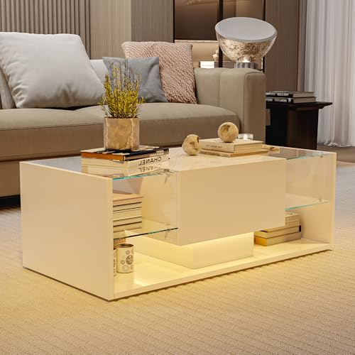 LONELYO Table Basse Moderne Blanche LED avec Rangement, Design Nordique Suspendu avec 24 Couleurs RGB, Tapis de Verre trempé et tiroirs Pratiques pour Salon et Chambre (Blanc)