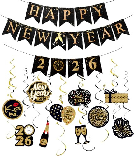 Silvester Deko 2027, 23 Stück 2027 Hängende Wirbel Dekoration Schwarz Gold Spiral Girlanden für Deko Silvester Party 2027 NeuJahr Party Deko