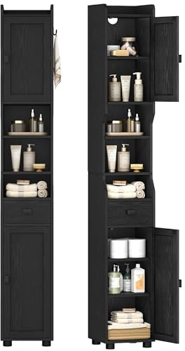 HEXCELEN Badezimmerschrank Schmal Hoch, Badschrank mit 1 Schublade | Hochschrank Badezimmer, mit 2 Türen und Verstellbaren Ablagen Offenen Fach Platzsparender Badregal 28 x 28 x 180 cm Schwarz