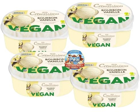 PUFAI Bundle – Bourbon Vanille Eiscreme Vegan 825 ml x 4er | Pflanzliches Dessert | Cremige Textur | Vanille Geschmack | Tiefkühlprodukt für Servieren