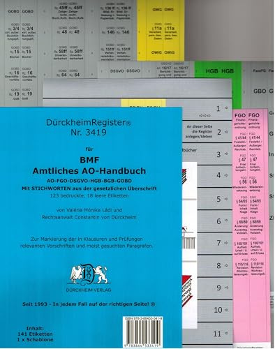 DürckheimRegister® Amtliches AO-Handbuch BMF • MIT Stichworten: 141 Registeretiketten (sog. Griffregister) für AO-FGO-DSGVO-HGB-BGB-GOBD • In jedem Fall auf der richtigen Seite! ®