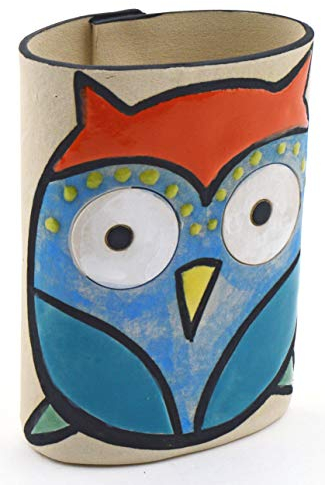 Dekorative Keramikvase, handgefertigt und Handbemalt, mit mehrfarbigem Foc-Art-Dekoration. 44237 - Owl Pencil Cup Holder Nº3