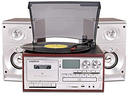 LoopTone - Reproductor de discos de vinilo con altavoces externos duales de 15 W, 9 en 1, 3 velocidades, Bluetooth, tocadiscos clásico, reproductor de CD y casete, radio AM/FM, grabadora USB, entrada