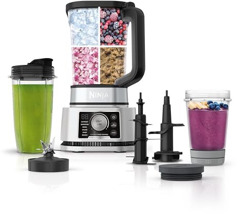 Ninja SS351 Foodi Power Blender & Processor System 1400 WP Smoothie Bowl Maker & Nutrient Extractor* 6 Functions for Bowls, Spreads, Dough & More, smartTORQUE, 72-oz.** Pitcher & To-Go Cups, Silver
