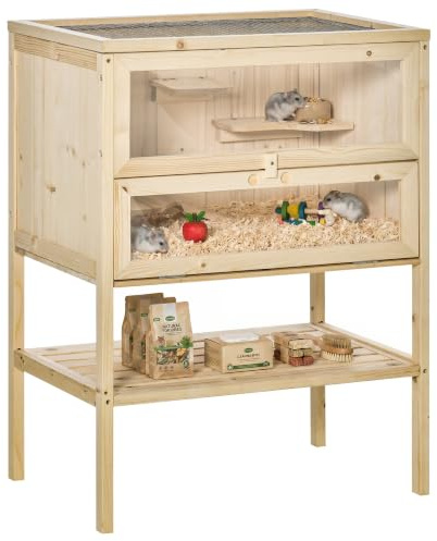 PawHut Jaula de Madera para Hámster Ratones Rampa 60x40x80 cm Natural | Casa de Juegos, 5 Plataformas, Techo Abatible, Ventana Cristal Plástico, Estante Inferior