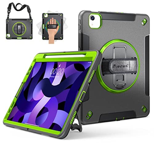 Miesherk Hülle für iPad Air 5 Generation 10,9 2022: Militärische Robuste Stoßfeste Schutzhülle Case Cover für iPad Air 4. Generation mit Stifthalter-Drehbare Ständer-Handschlaufe -Schultergurt-Grün