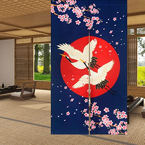 LIGICKY Noren Rideau de Porte Style Japonais Grues Blanches Soleil Rouge Cerisier Imprimé Coton Lin Décoration de Fenêtre Tapisserie pour Maison 85x150cm