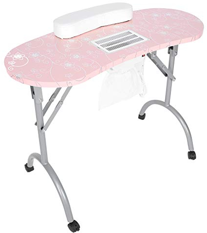 Asixxsix Professioneller Nageltisch, tragbarer, Faltbarer Manikürtisch, Nageltechniker-Schreibtisch mit Rollen, Nagelkunst-Schreibtisch mit Staubabsaugung für Nagelstudio zu Hause, rosa