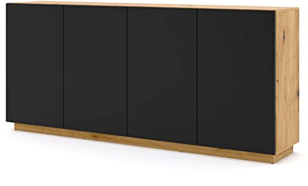 BIM Furniture Kommode Aura – Sideboard 41x198x89 cm mit 4 Türen, Wohnzimmerkommode, Viel Stauraum, Modern, Grifflos – Artisan Eiche/Mattschwarz