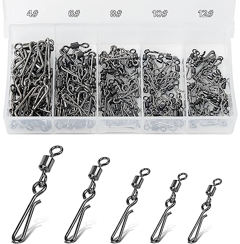 Realure 100 Stück Rollende Angelwirbel mit Karabiner Hängend Wirbel Angeln Forellen Angeln Wirbelkarabiner Angel Wirbel fur Fischköder Wirbel Angelzubehör Wirbel 5 Größe 4# 6# 8# 10# 12#