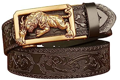 xichuangyuXCY Men's Leather Ratchet Belt Retro Dragon Pattern Eagle Tiger Buckle Carved Casual Business Belt 49 (Black Flower Pattern Tiger 1)