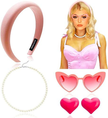 JeVenis robe rose bandeau rose chaud lunettes de soleil coeur collier perle rose chaud tenue fille accessoires poupée costume halloween