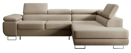 Selsey STEVIL - Ecksofa L-Sofa mit Schlaffunktion, Bettkasten, Ottomane rechts, Veloursbezug Beige