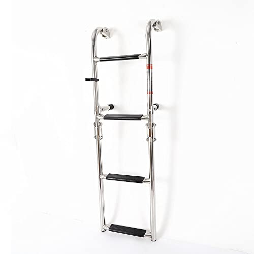 Escalera de piscina de acero inoxidable para piscina, 4 peldaños, plegable, con peldaños antideslizantes, para cubierta de yate, puente de piscina, hasta 136 kg, 87 x 28 x 13 cm