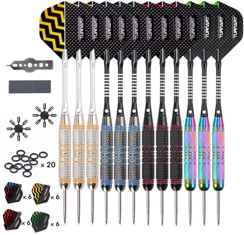 Turnart Dartpfeile Metallspitze -12 Stück 24 Gramm Profi Steel Darts Pfeile Dartpfeile Profi Dartpfeile Steel Set 12 Aluminium Schaft mit 24 Flights 20 Anti-Lose Gummiringe (Bunt)