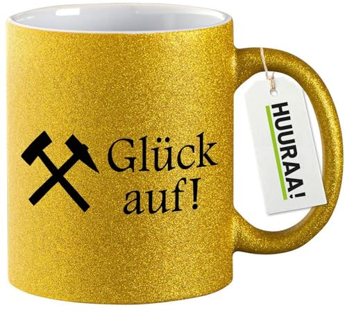 Huuraa Glitzertasse Glück auf! Ruhrpott Geschenk | Motivtasse 330ml Glitzer Tasse mit Spruch Gold Keramik Kaffeebecher Geschenkidee Goldener Glitter Becher mit Motiv