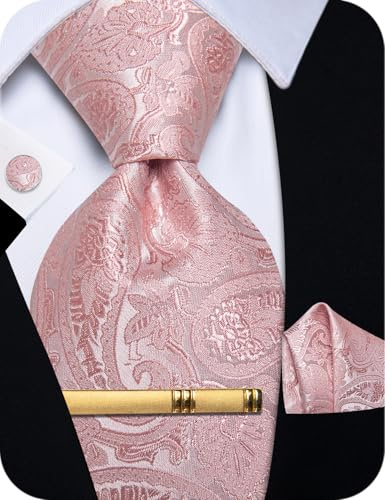 YourTies Blush Pink Ties for Men Paisley Silk Necktie Pocket Square Cufflinks Tie Clip Set Wedding Party Business Formal