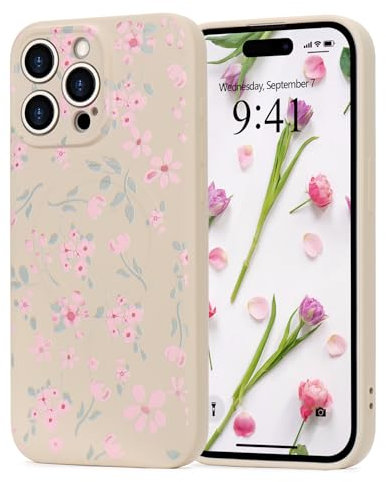 Wirvyuer for iPhone 15 Pro case, Compatible with Magsafe, Cute Floral Leaves Magnetic Phone Case, Pink Flower Shockproof Silicone Slim Bumper Protective Cover for Women Girls, White