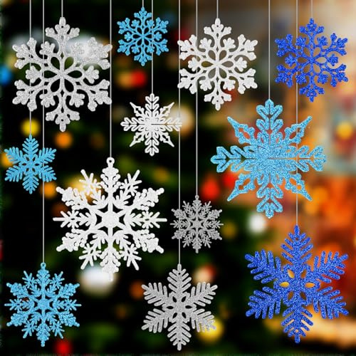 CHRORINE 52 Pack Blue White Sliver Glitter Snowflake Ornaments Snow Flakes Decorating Christmas Ornaments for Christmas Tree Decorations Window Door Accessories New Year Party Decorations
