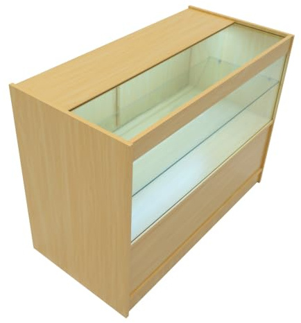 Maple Shop Counter LED Light C 1200mm Lockable Sliding Doors 2 Keys Retail Storage Unit Display Showcase Cabinet Reception Desk Clothing Jewellery Store 3 Shelves 2 Glass 1 Enclosed White Lighting