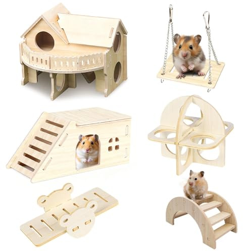 Gobesty Lot de 6 jouets en bois pour hamster, ensemble d'accessoires pour hamster, y compris château, balançoire, jouets d'exercice et balançoire pour petits animaux de compagnie, gerbille, cochon