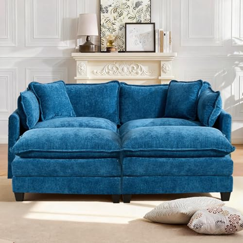SoarFlash Modulares Sofa mit Doppelpolsterung, Blau, 2 Sitze + 2 Fußhocker | Chenille Stoff mit Kissen & Armlehnen. Niedrige Sitzfläche, flache Füßen. Ideal für Wohnzimmer, Schlafzimmer & Wohnungen.